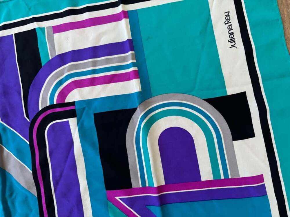 Vintage Juliana Ray 100% Silk Geometric Scarf | Teal Purple Abstract Mod - Picture 2 of 8